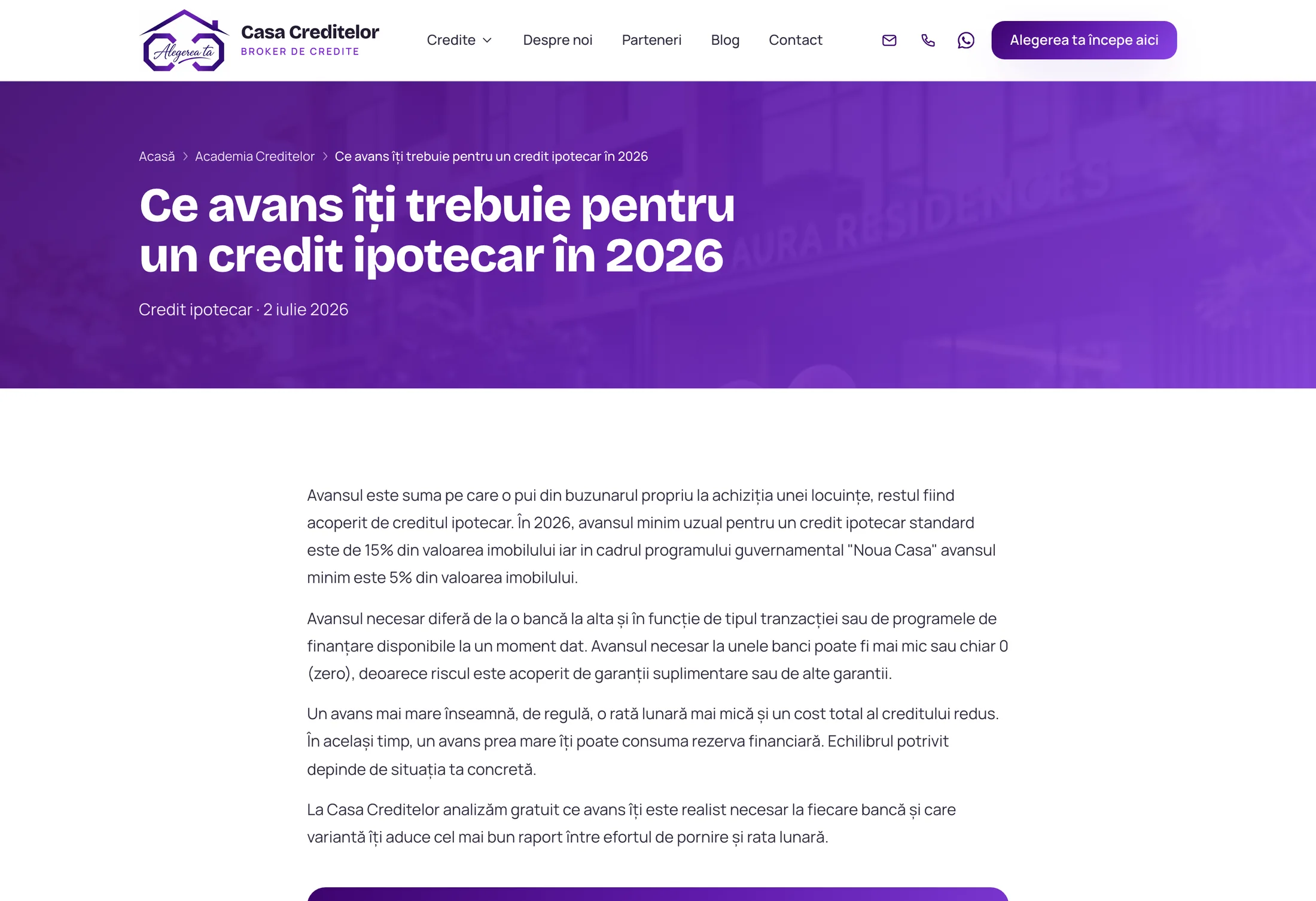 Casa Creditelor, pagină de articol
