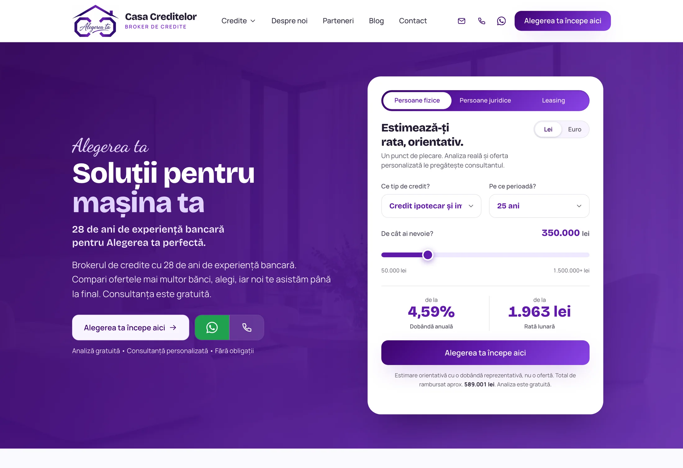 Casa Creditelor, hero cu calculatorul de rată