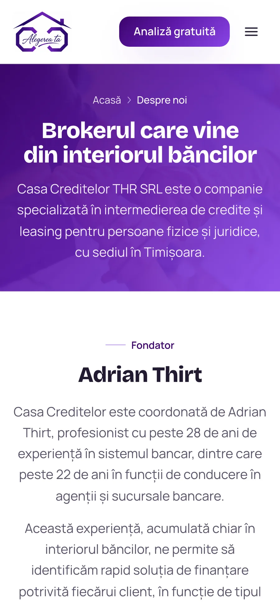 Casa Creditelor, pagina Despre pe mobil