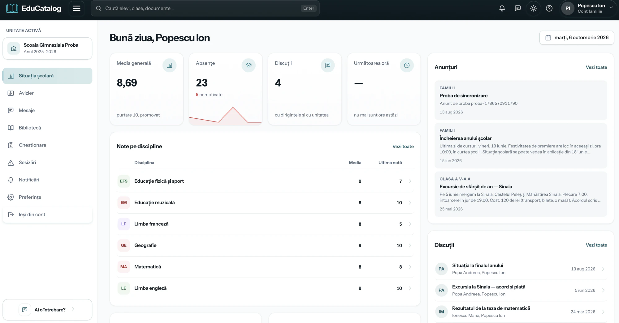 EduCatalog, panoul părintelui: medie generală, absențe, note pe discipline și anunțuri