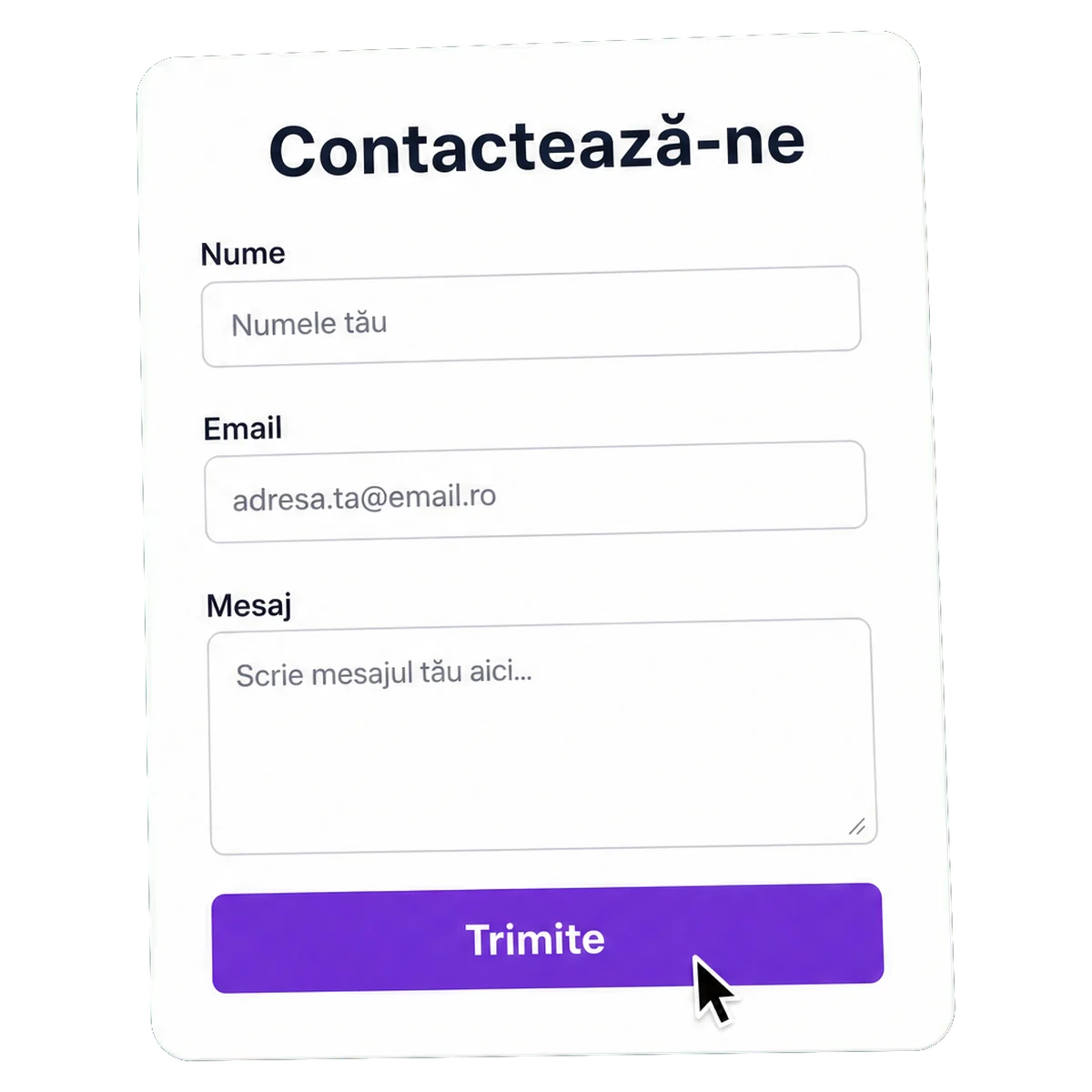 Formular de contact cu nume, email, mesaj și butonul Trimite