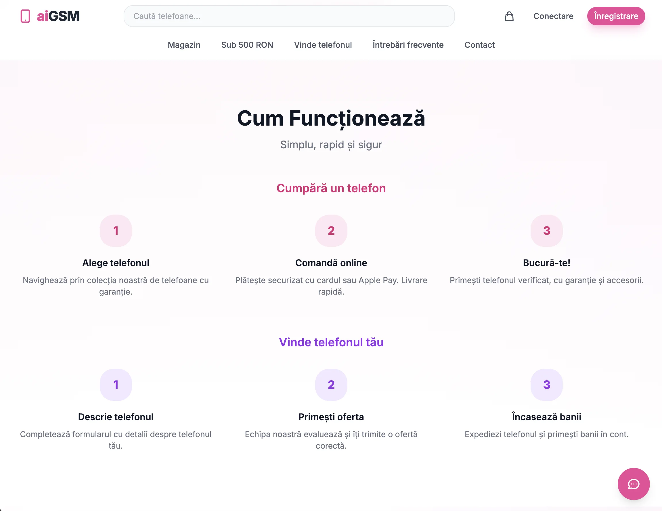 Homepage AIGSM cu hero, listare produse și flux cum funcționează
