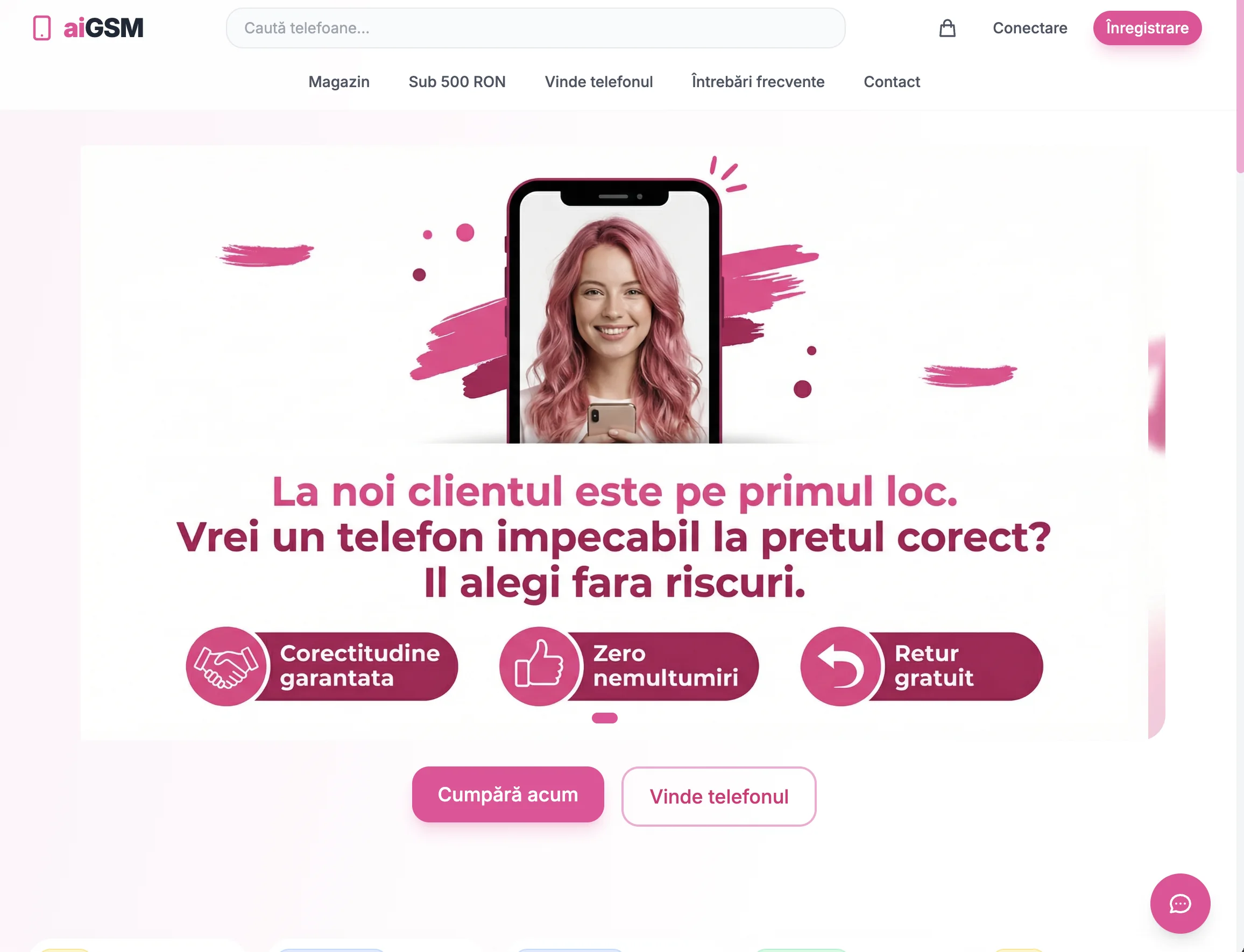Homepage AIGSM cu hero, listare produse și flux cum funcționează