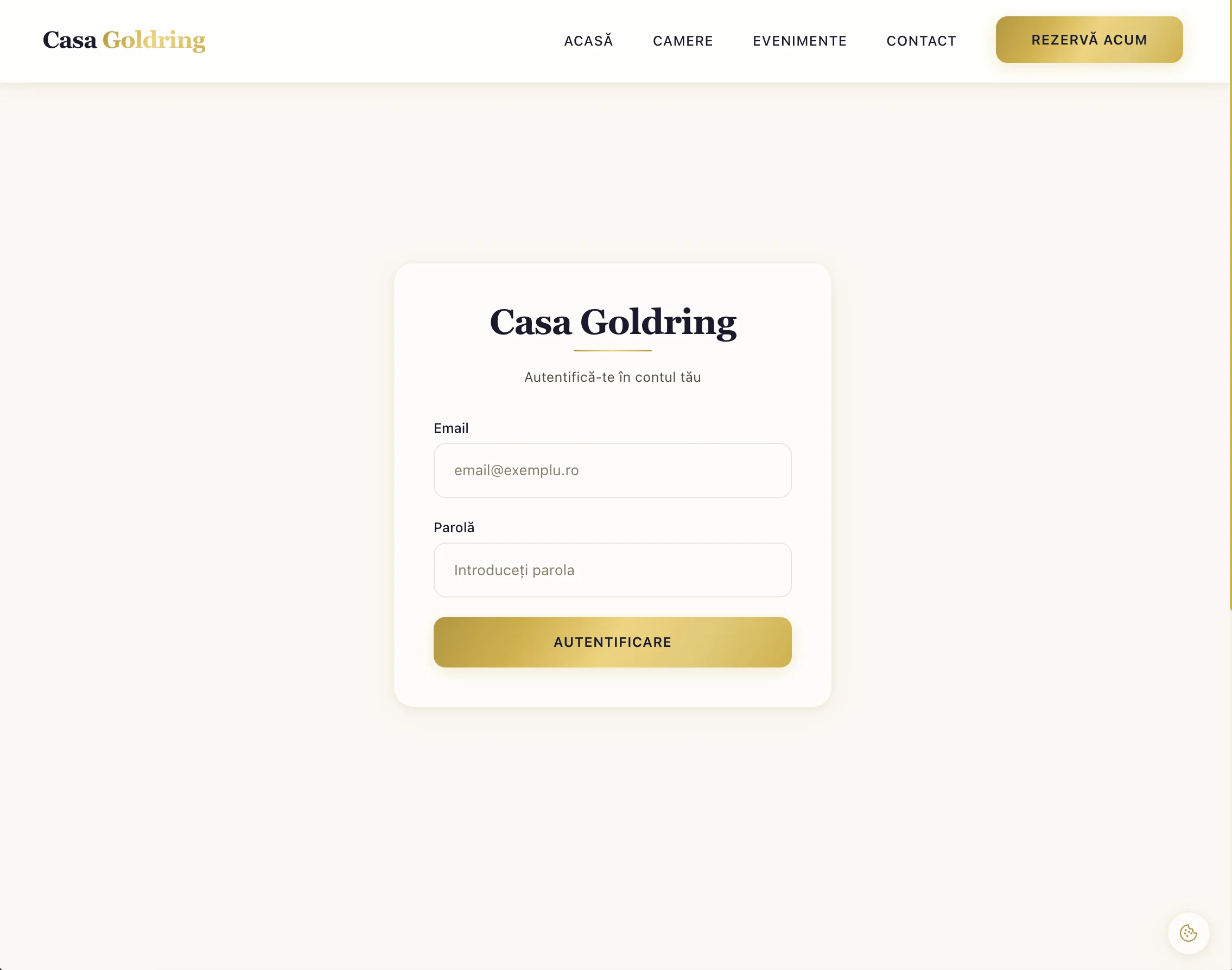 Panou administrare Casa Goldring cu autentificare prin email și parolă