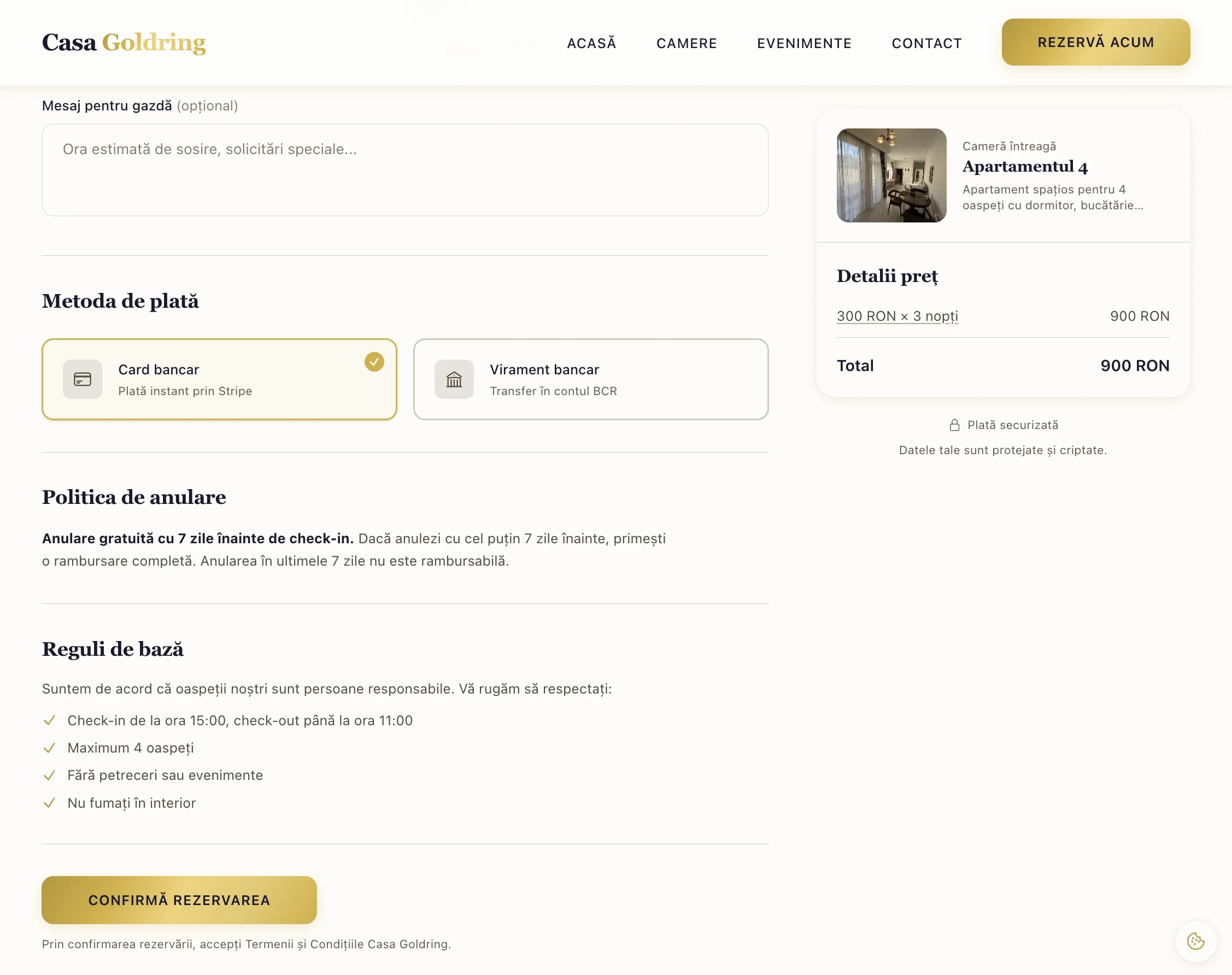 Pagina de checkout cu metode de plată, politica de anulare și sumar