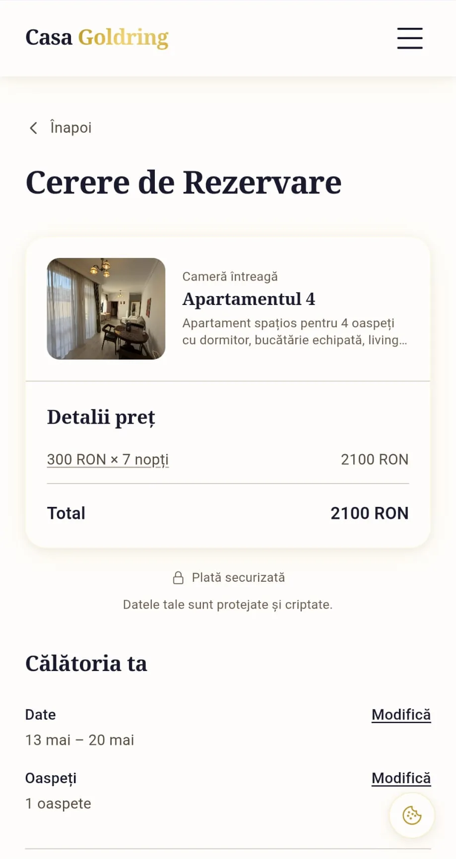 Casa Goldring — flux rezervare pe mobil