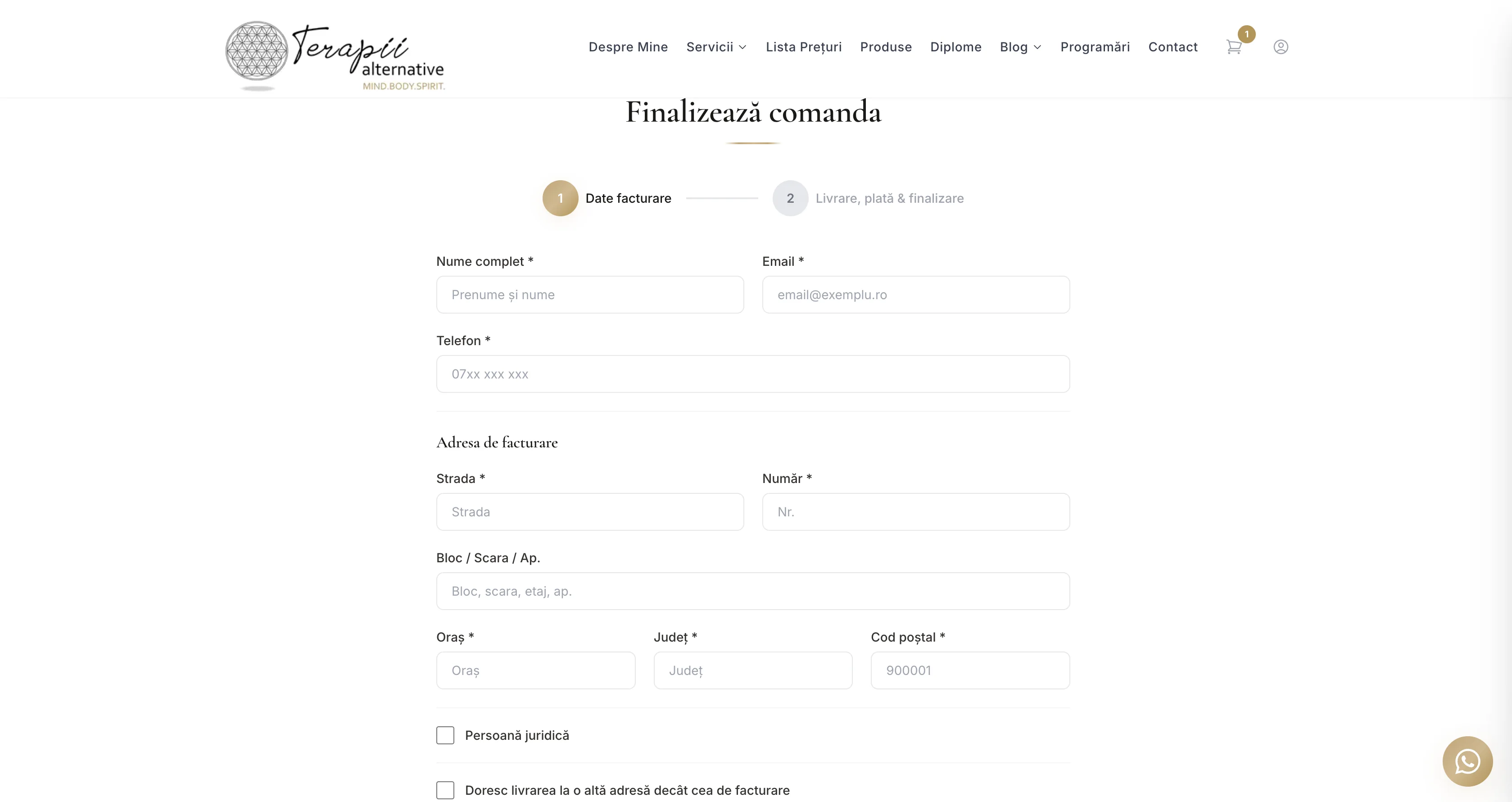 Pagina de checkout cu date facturare, livrare și plată