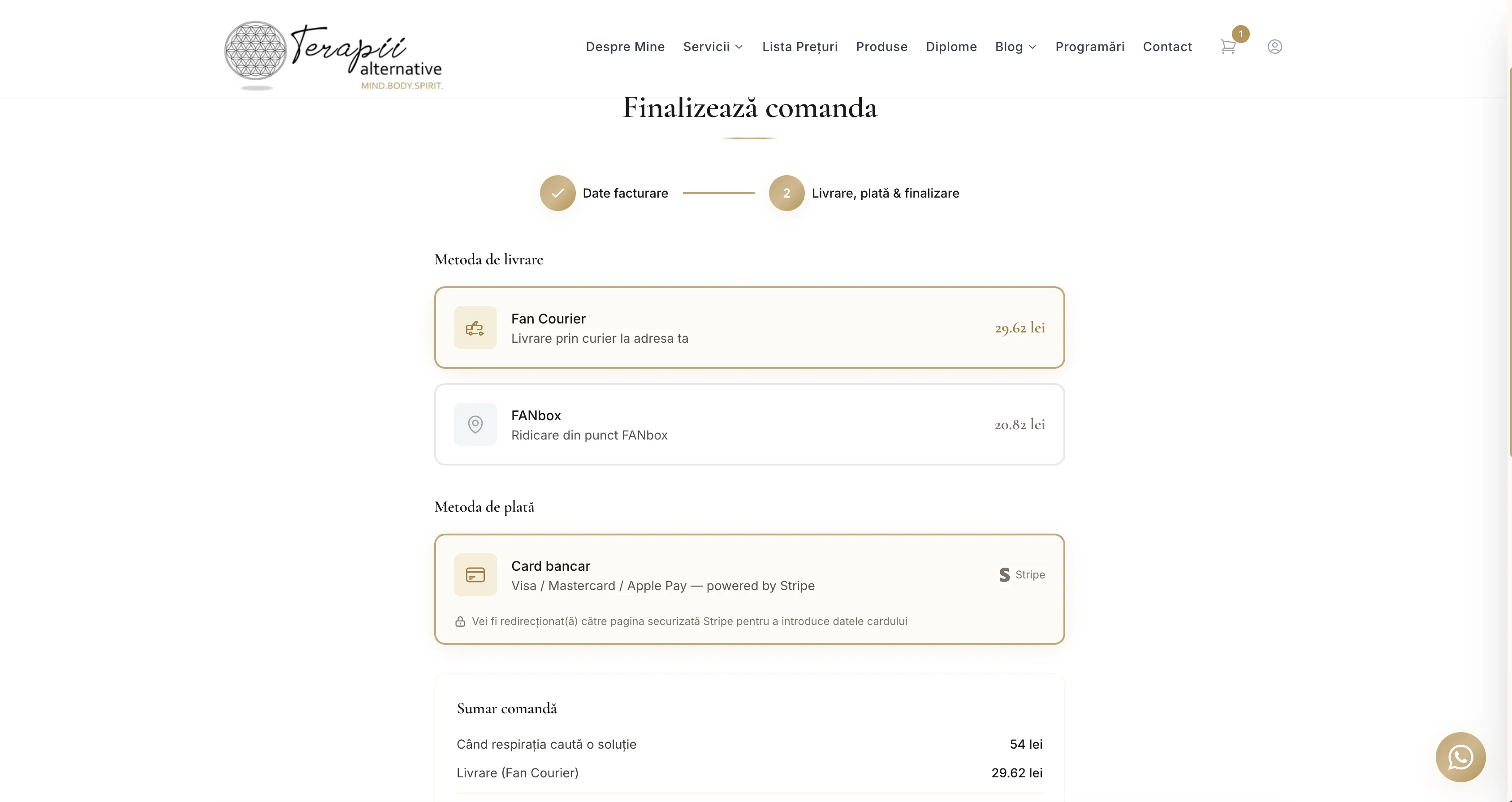Pagina de checkout cu date facturare, livrare și plată