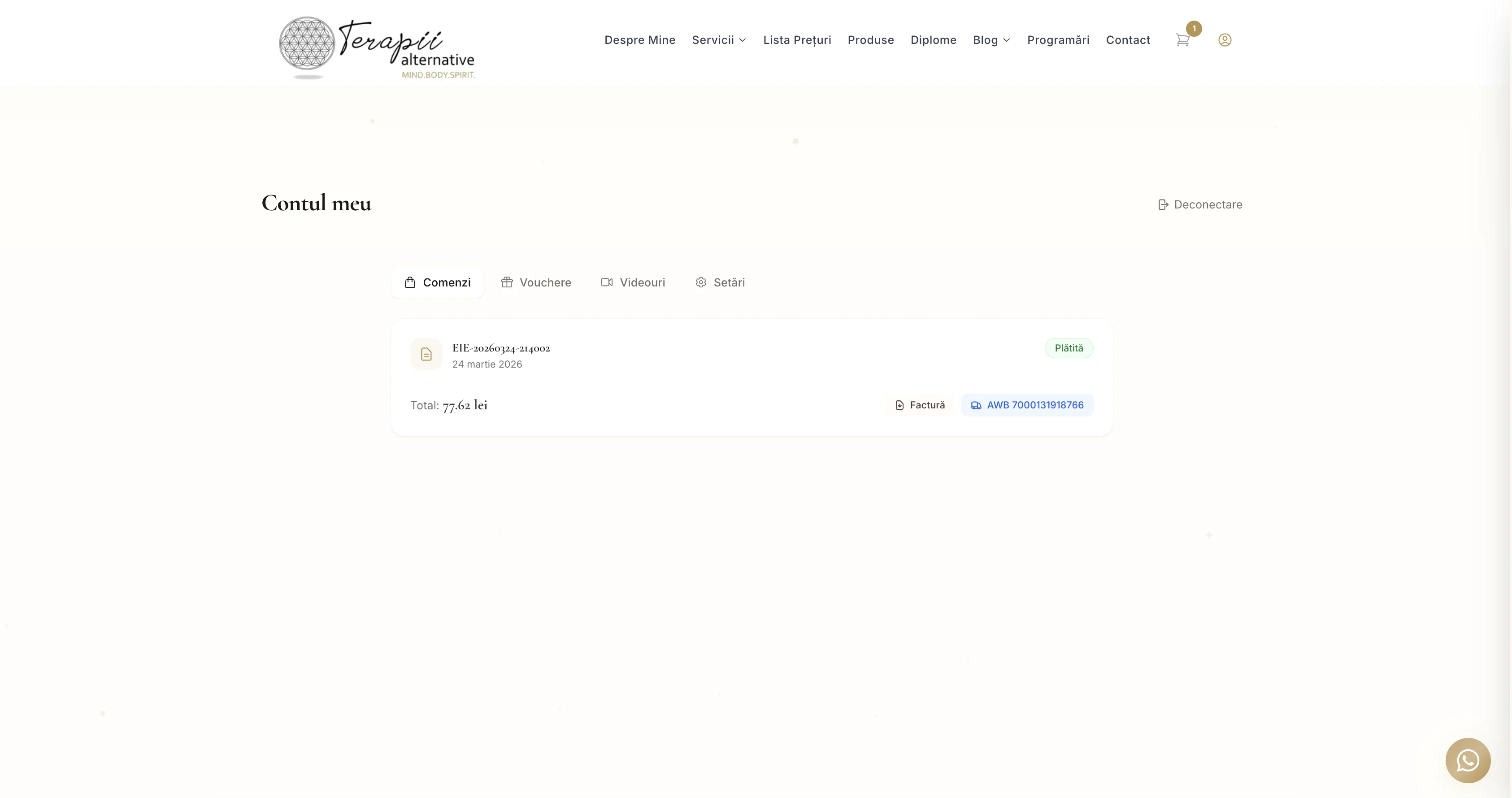 Cont client cu istoric comenzi și pagina de autentificare administrator