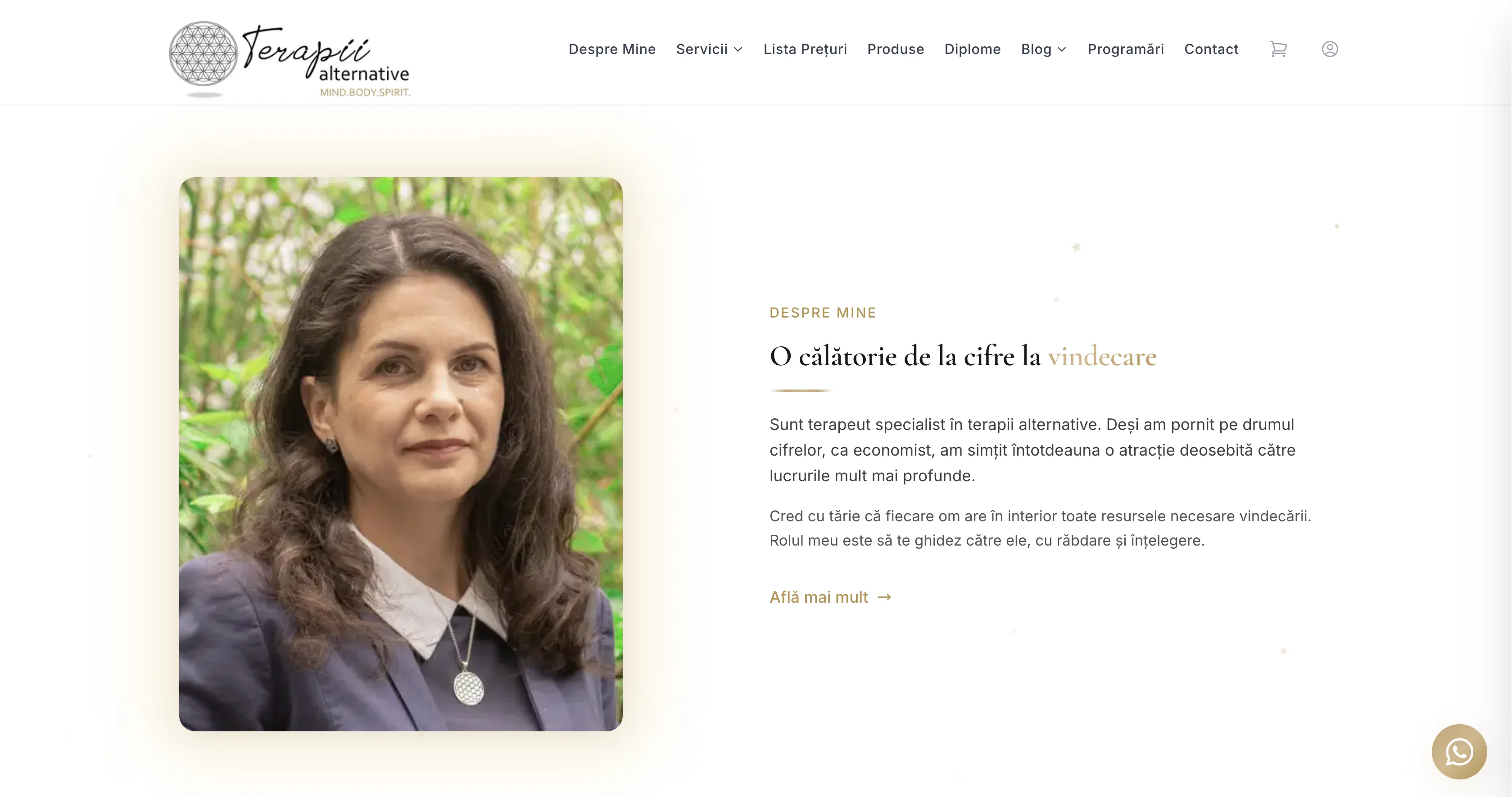 Homepage Mihaela Elvira — hero cu prezentarea brandului și CTA